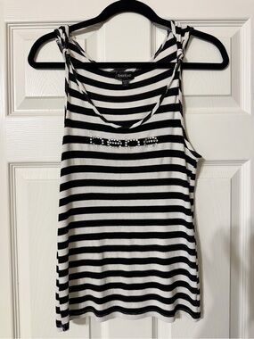 bebe Black & White Striped Tank with Rhinestone Logo